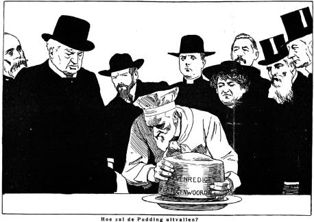 Cort van der Linden haalt als kok de puddingvorm van de pudding met allerlei hoge heren om hem heen. Cort van der Linden haalt als kok de puddingvorm van de pudding met allerlei hoge heren om hem heen.