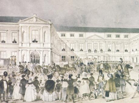 Koning Willem I vertrekt op Prinsjesdag 1839 in de Glazen Koets van Paleis Noordeinde Koning Willem I vertrekt op Prinsjesdag 1839 in de Glazen Koets van Paleis Noordeinde
