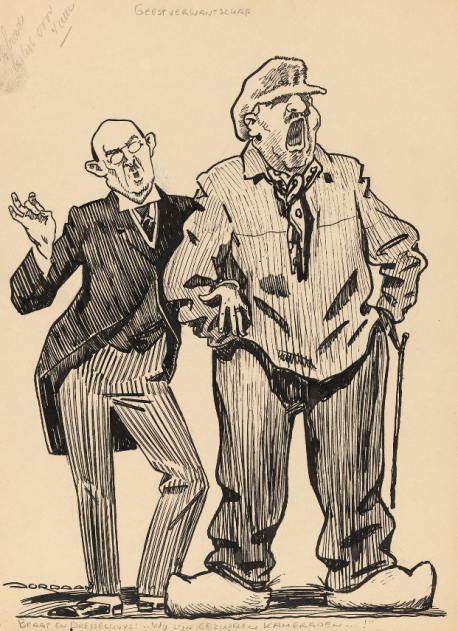 ‘Gezworen kameraden’, spotprent gemaakt door L.J. Jordaan tussen 1919 en 1926 © Collectie Jordaan / Atlas van Stolk. De prent verbeeldt een ongemakkelijke en vooral ook opportunistische gelegenheidscoalitie tussen boer Arend Braat en mr H.C. Dresselhuys, een van de leiders van de liberale Vrijheidsbond in het interbellum. ‘Gezworen kameraden’, spotprent gemaakt door L.J. Jordaan tussen 1919 en 1926 © Collectie Jordaan / Atlas van Stolk. De prent verbeeldt een ongemakkelijke en vooral ook opportunistische gelegenheidscoalitie tussen boer Arend Braat en mr H.C. Dresselhuys, een van de leiders van de liberale Vrijheidsbond in het interbellum.