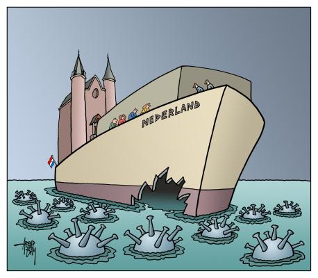Een Schip die op zee tussen corona mijnen vaart. Op het schip is de Ridderkerk afgebeeld. Een Schip die op zee tussen corona mijnen vaart. Op het schip is de Ridderkerk afgebeeld.